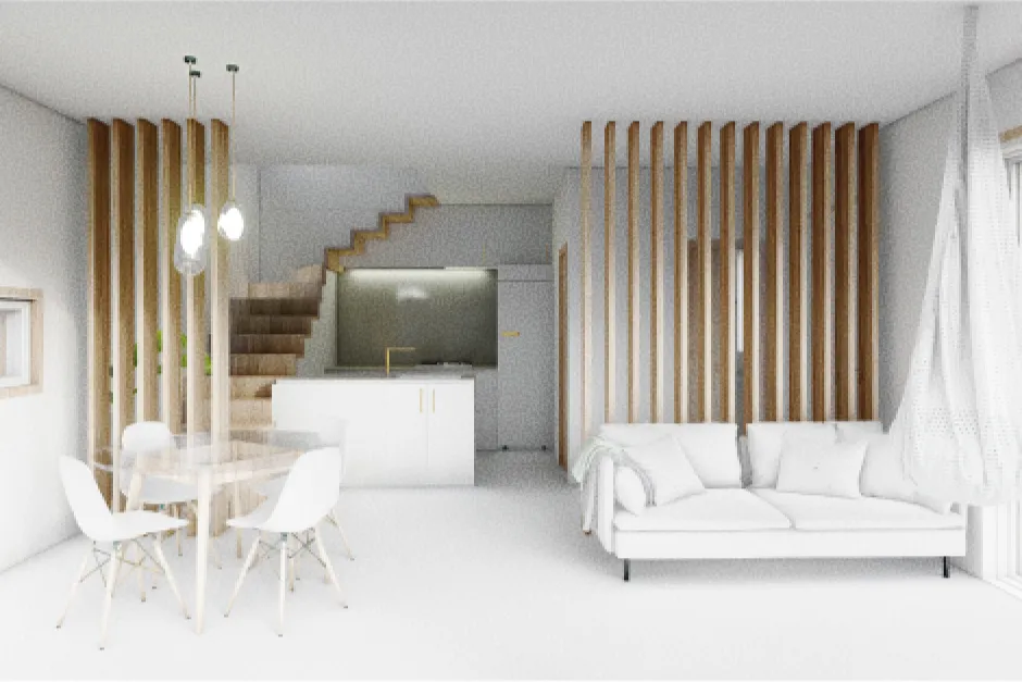 Salón moderno con una decoración sencilla y limpia. Cuenta con un sofá blanco, separadores de listones de madera, junto a la cocina abierta al espacio con muebles blancos y grifería dorada se encuentra una escalera abierta y una mesa de comedor redonda con sillas blancas. Ambiente luminoso y diáfano.