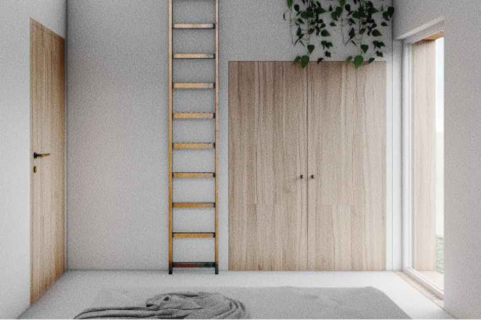 Detalle de la habitación con una escalera de madera apoyada contra una pared blanca, armarios de madera clara, una planta colgante y una ventana por la que entra la luz del sol. Ambiente tranquilo y sereno.