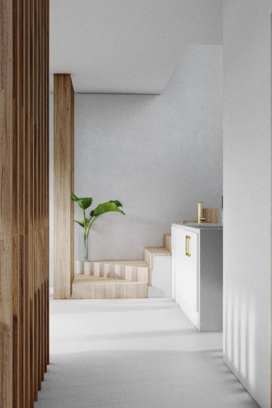 El interior minimalista cuenta con una escalera de madera clara, una planta verde en los escalones y, antes de la escalera, una elegante encimera blanca con un grifo dorado del fregadero de la cocina, todo lo cual transmite un ambiente sereno y moderno. A la izquierda se observan listones de madera que separan el comedor y el salón de la cocina.