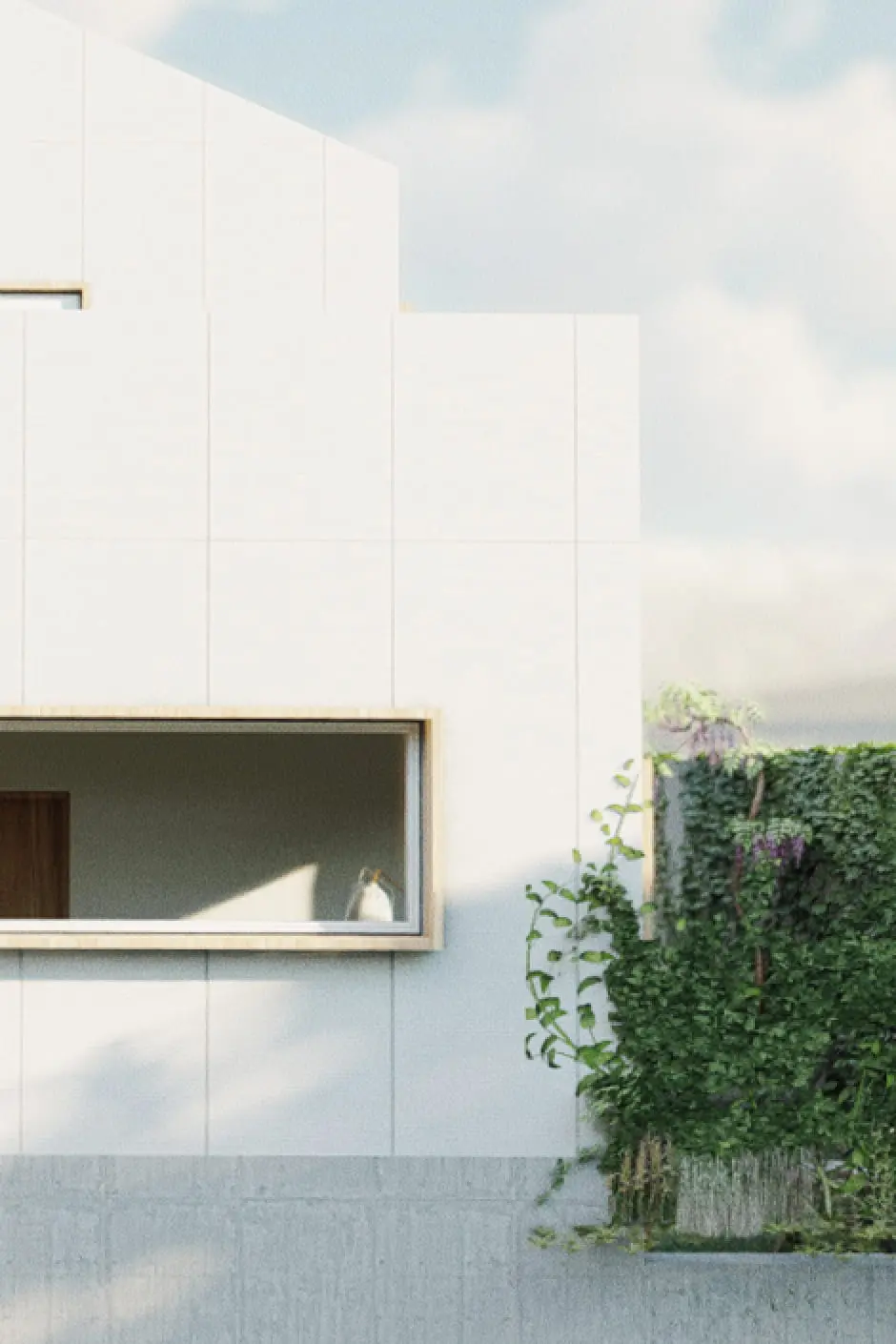 Fachada moderna de vivienda en blanco con un gran ventanal horizontal. La luz del sol proyecta sombras en el interior. Unas exuberantes enredaderas verdes trepan por la pared de la derecha. Tranquilo y minimalista.