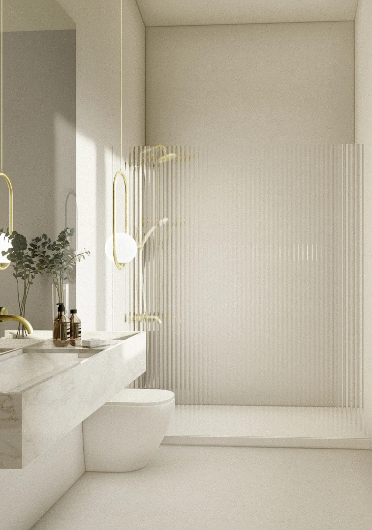 Cuarto de baño minimalista con lavabo de mármol blanco, grifo dorado y lámparas colgantes esféricas. Cuenta con plantas, una mampara de ducha de cristal texturizado y un ambiente sereno.