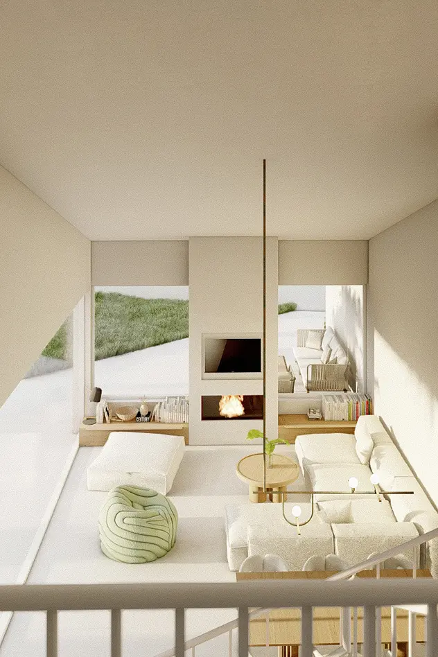 Salón con comedor moderno y minimalista con muebles blancos y madera, un puf verde y una chimenea en el centro. Los grandes ventanales aportan luz natural y ofrecen vistas al jardín.