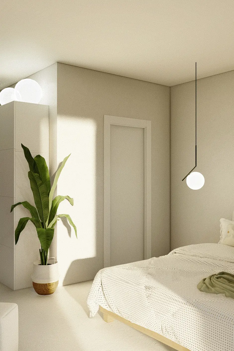 Un dormitorio con luz de amanecer, de estilo minimalista decorado en tonos neutros, con una cama con ropa de cama blanca, una planta en maceta y lámparas esféricas, que crean un ambiente sereno.